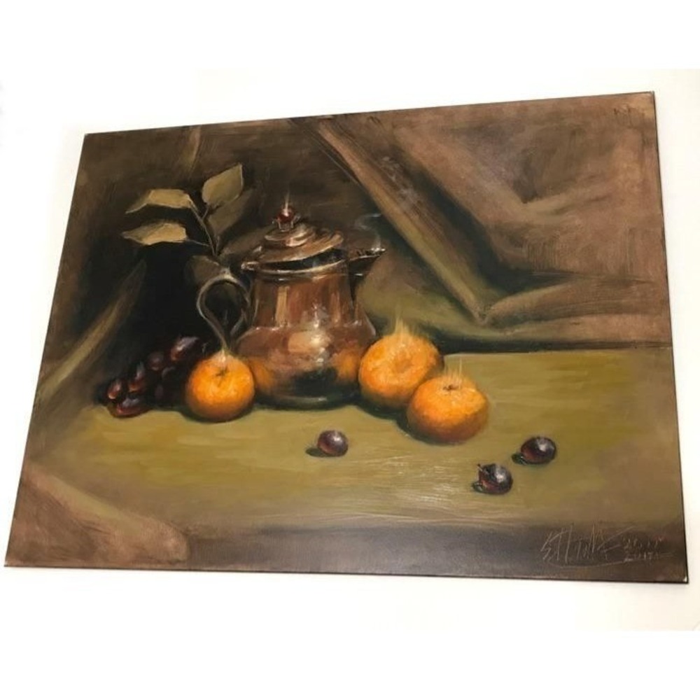 Copper kettle Original oil painting copper kettle oranges grapes wood panel